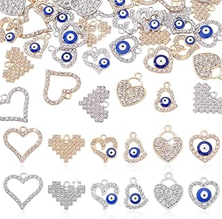 AHANDMAKER Lot de 48 breloques en forme de cœur brillant en alliage - 12 styles - Motif cœur mauvais œil - Saint-Valentin - Pour attrape-rêves - Pour fabrication de bracelets, colliers, boucles