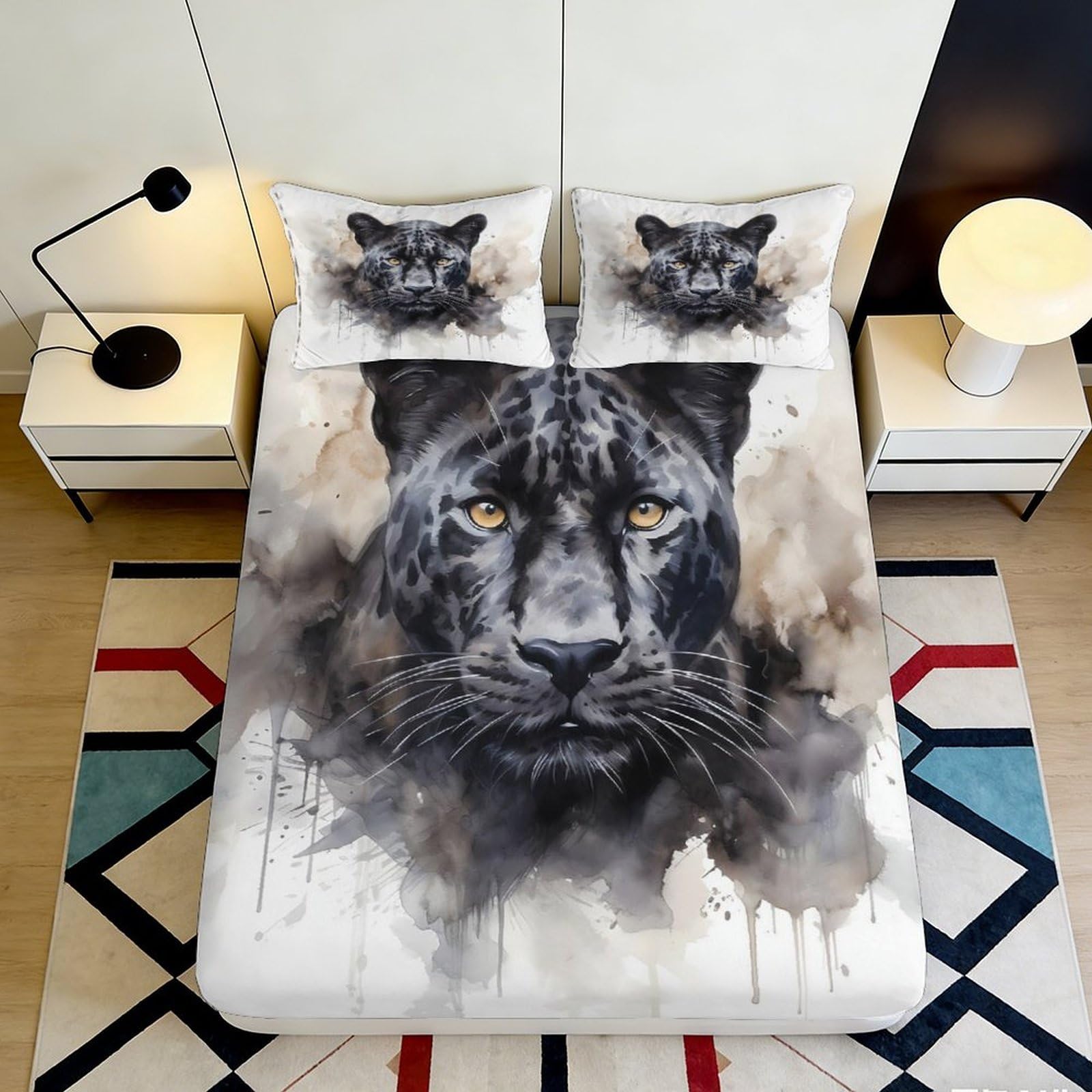 3D Printed Black Panther Fitted Sheet Microfiber Soft Breathable Wild Cat Mattress Cover for Bedroom Guest Room Decor 90x200x25cm