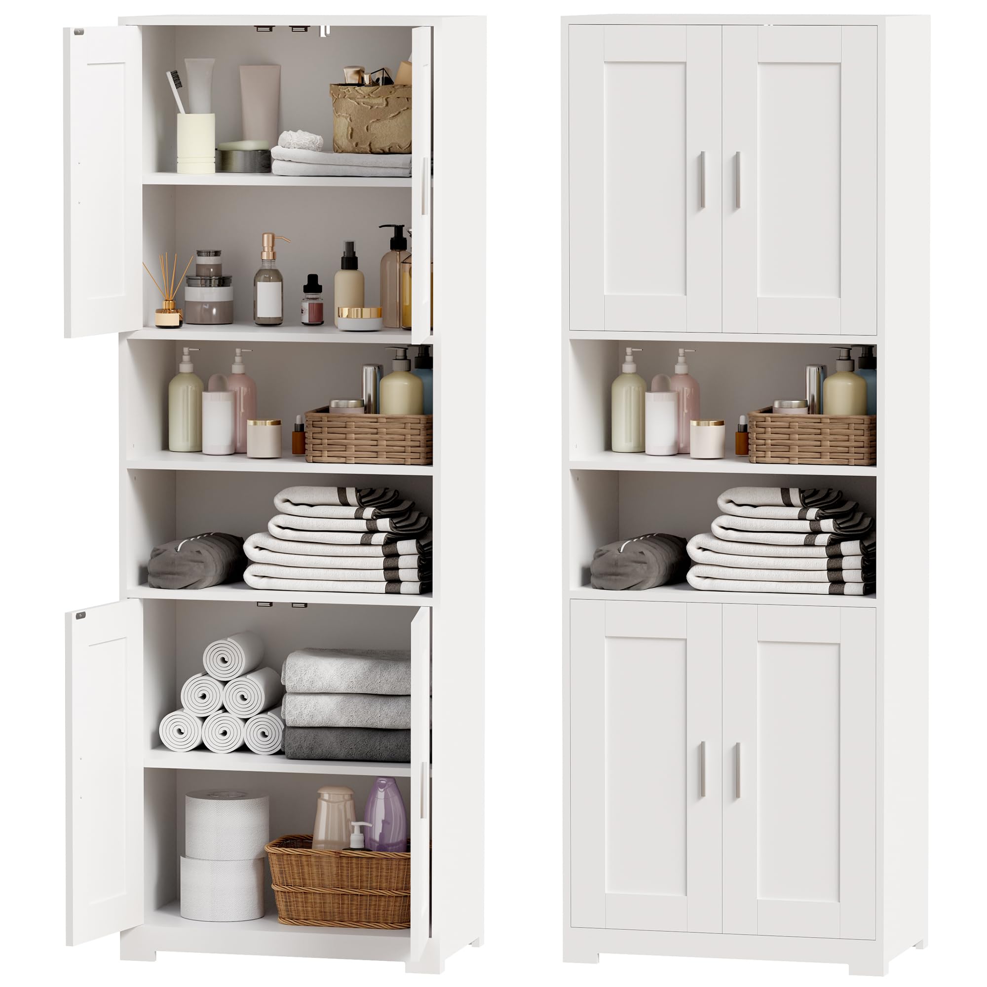 BEWISHOME Badezimmerschrank Hoch, Bad hochschrank, Badschrank Hochschrank mit 4 Türen und Verstellbare Ablagen, für Badezimmer/Wohnzimmer/Küche, Weiß, 30 * 60 * 170cm EYYG09W