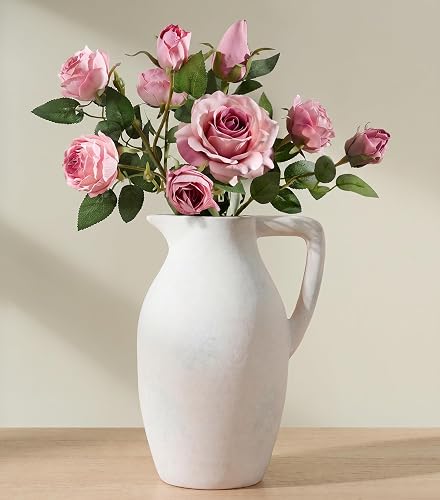 Ceramic Flower Vase with Handle, 9.65 inch Tall Ceramic Vase Home Decor Farmhouse Vases Terracotta Table Vases for Living Room Bathroom Modern Boho Coffee Table Centerpieces Bookshelf Kitchen, White