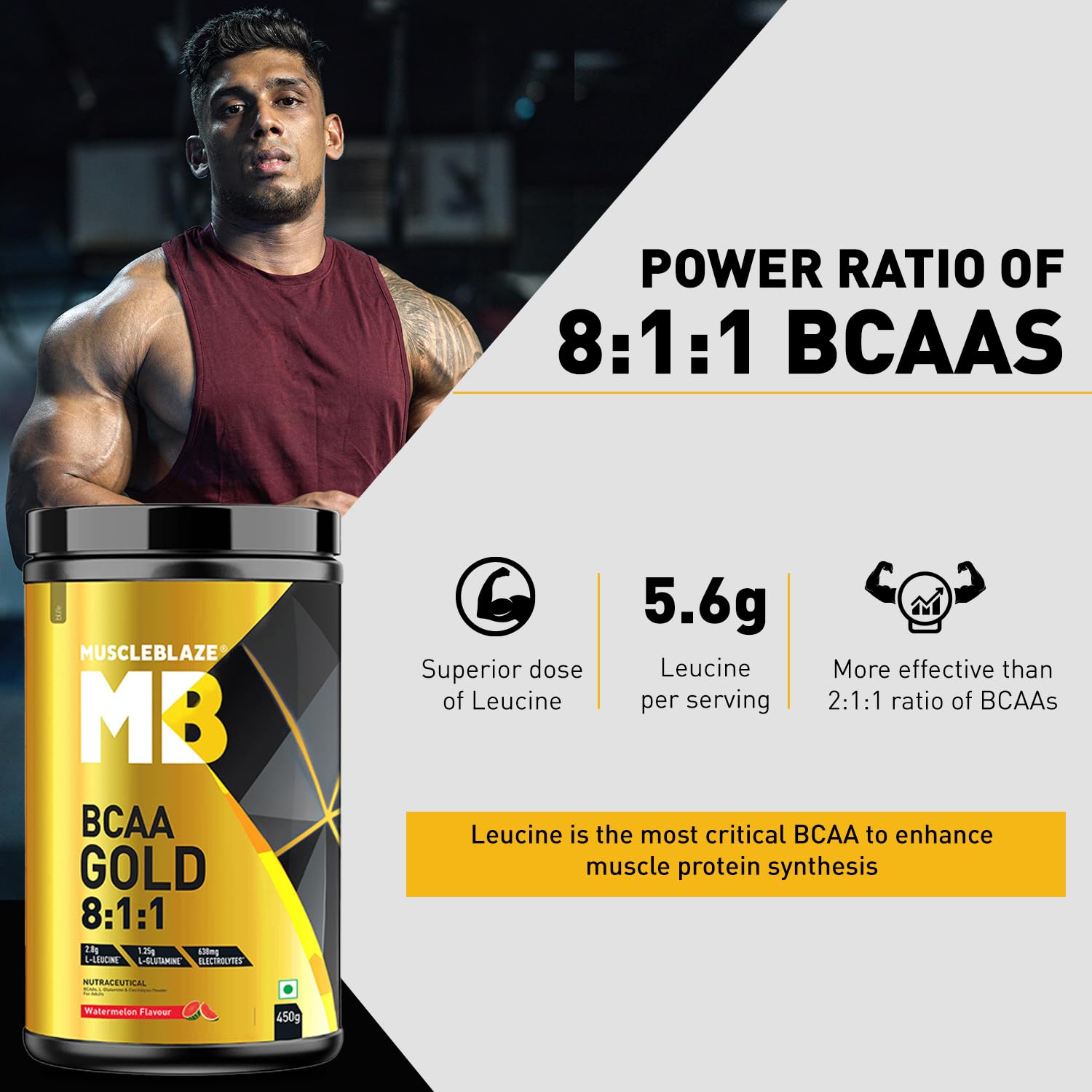 MuscleBlaze BCAA Gold 8:1:1 Powder, Watermelon (60 Servings, 450g) | With Higher Leucine, Electrolytes & Glutamine - Image 2 thumbnail