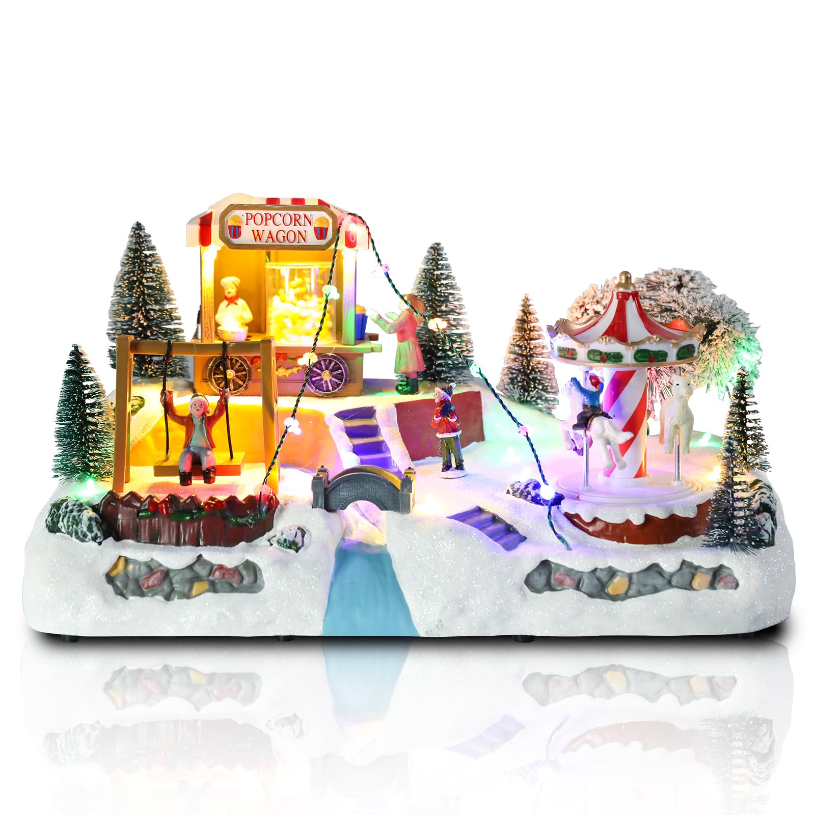 Village de Noël Afirst avec carrousel rotatif musical et scène de popcorn lumineuse pour intérieur