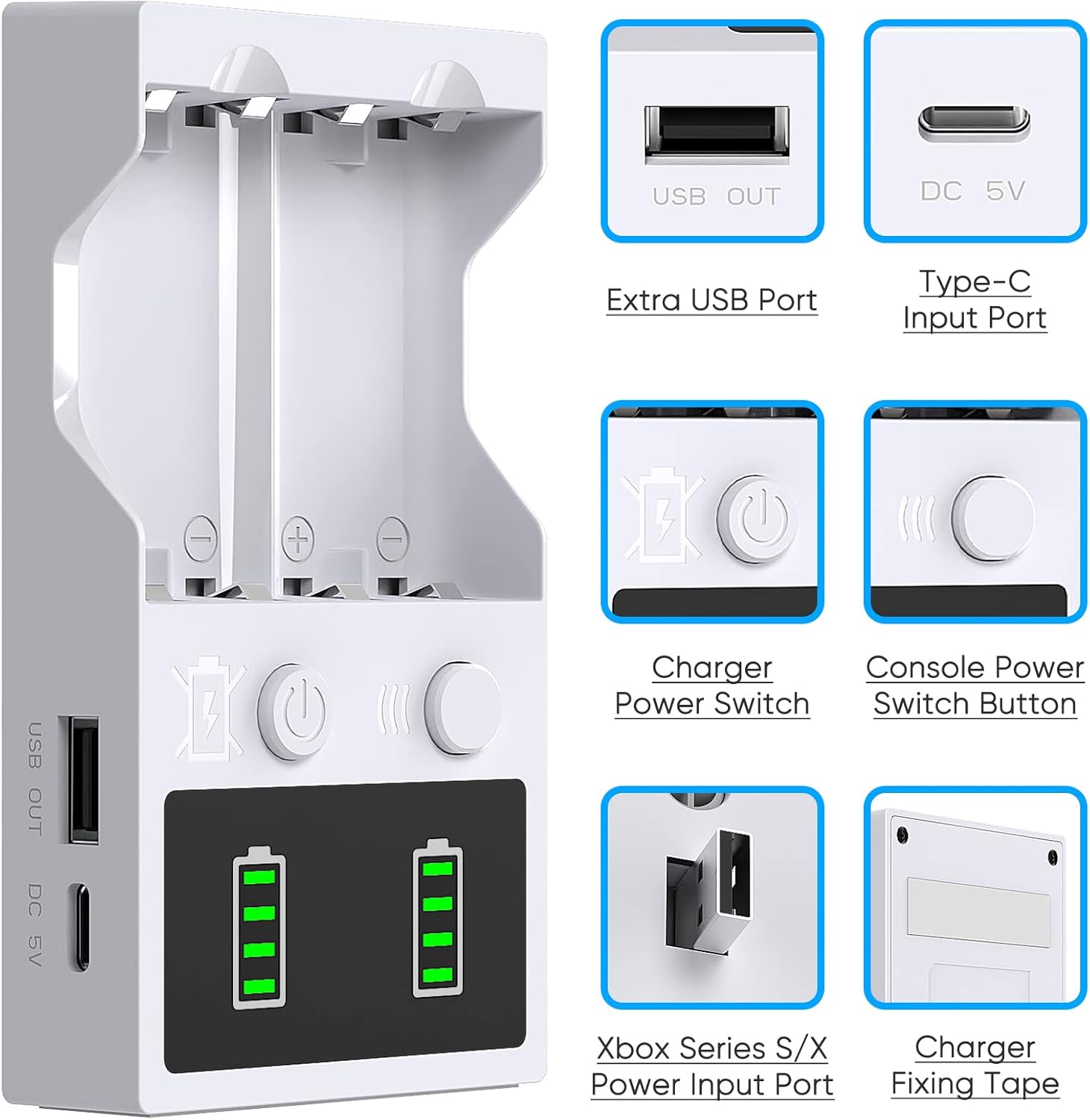 Rechargeable Controller Battery Pack for Xbox Series X|S and Xbox One, 2 Pack 2650mAh High Capacity Batteries Charger Kit Accessories with Charger for Xbox One X|S/One Elite/One/Series X|S, White