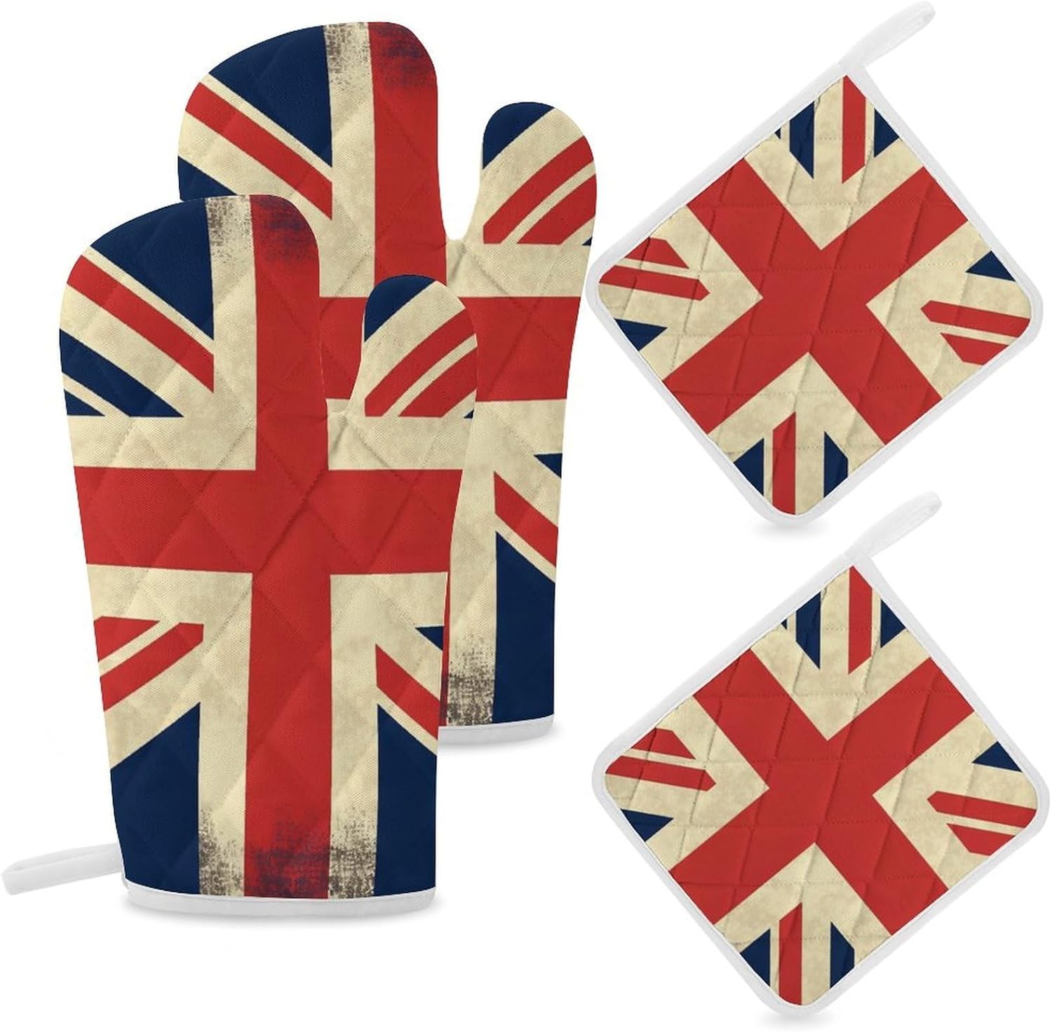 4-Piece Oven Mitts and Pot Holders Set UK Flag Printed Heat-Resistant Polyester Kitchen Gloves and Potholders Comfortable & Durable for Cooking Baking and Grilling