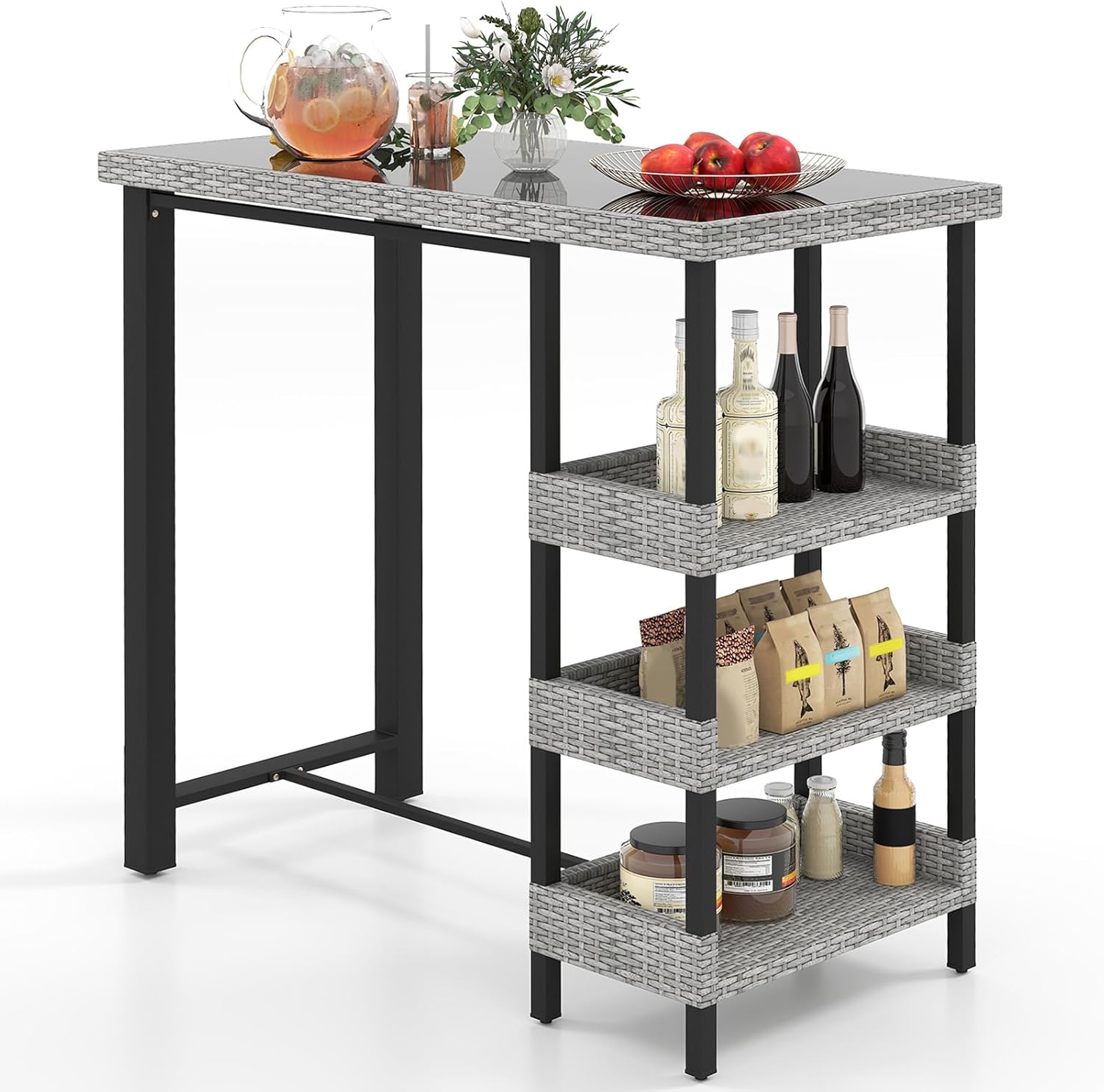 Tangkula 43.5” Outdoor Bar Table, Wicker Bar Height Dining Table w/Tempered Glass Top & 3 Rattan Shelves, Patio Metal Furniture w/Storage for Backyard, Poolside, Porch (Mix Gray)