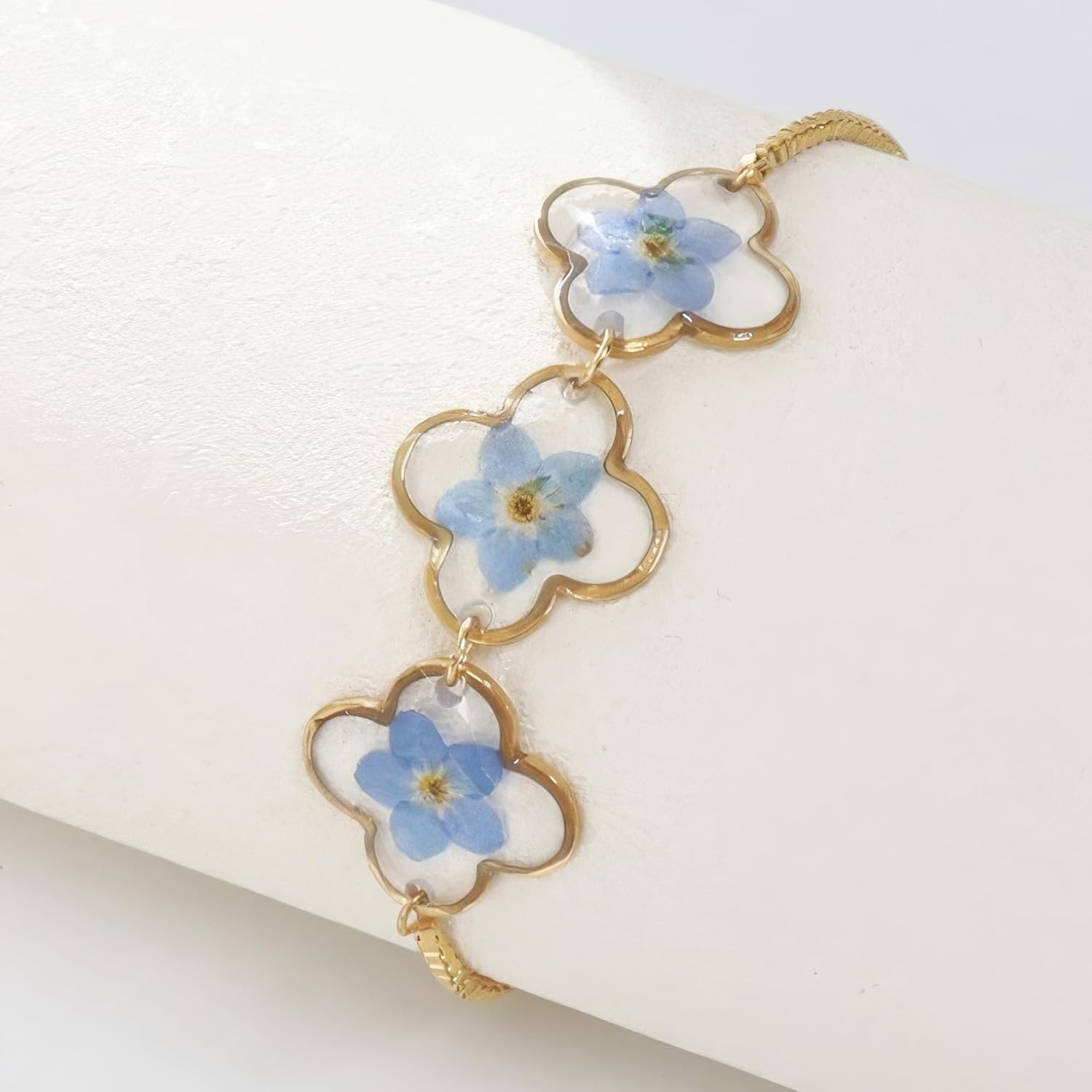 Triple Forget-Me-Not Flower Bracelet, Gold Adjustable Box Chain, Pressed Botanical Jewelry, Sentimental Keepsake for Women (Gold) - Image 2