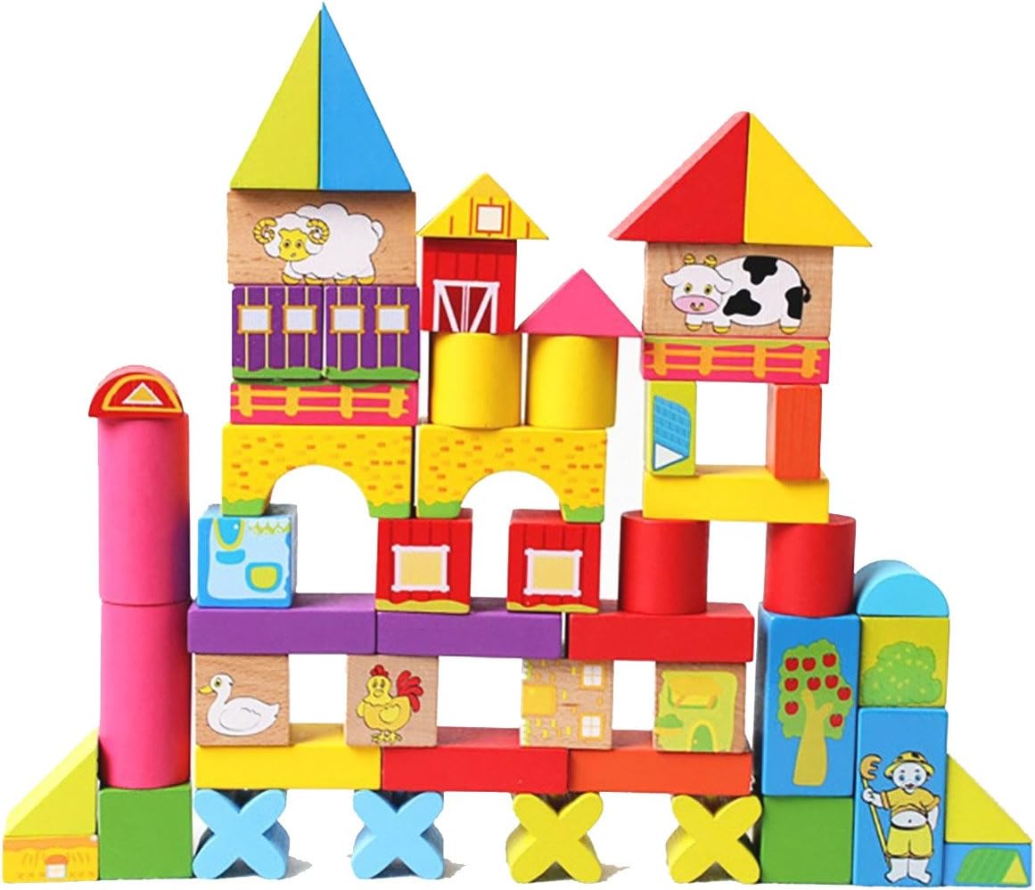 UJIE® 52 pcs Farm Building Colourful Wooden Blocks