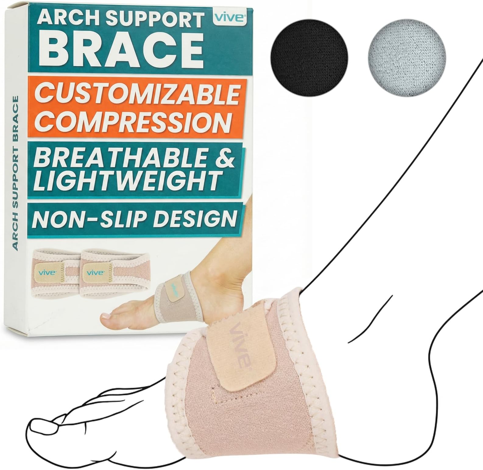 Vive Foot Arch Support Brace (Pair) - Wrap Corrector for Flat Feet, Plantar Fasciitis, Pain Relief - Compression Sleeve Strap, Gel Bands Inserts for Women & Men (Beige)