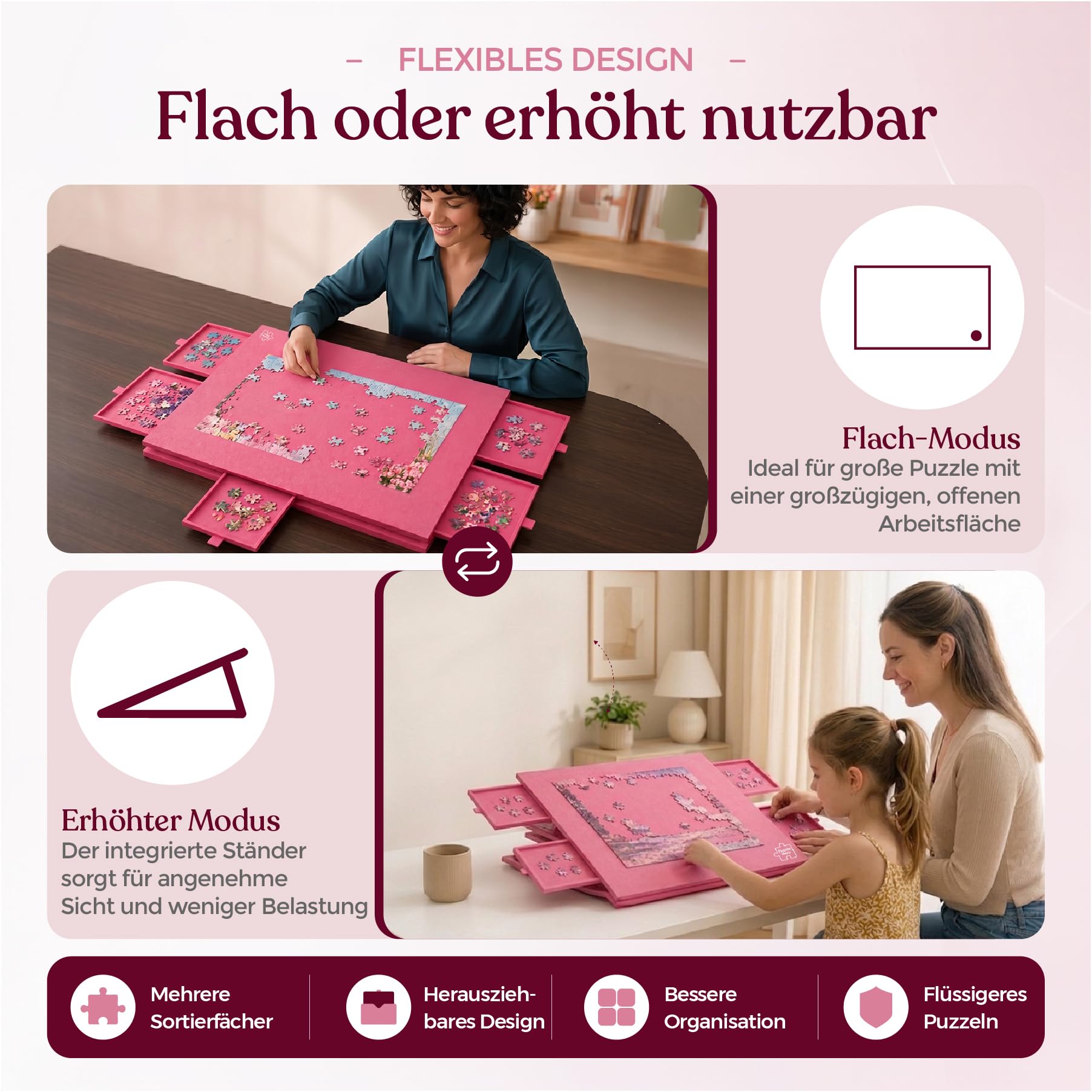 Tavola per puzzle fino a 1500 pezzi, NUOVO con piastre rinforzate da 0,88 cm, inclinabile, pieghevole, leggero, tavolo per puzzle portatile in feltro, 6 cassetti di smistamento, contenitore pieghevole