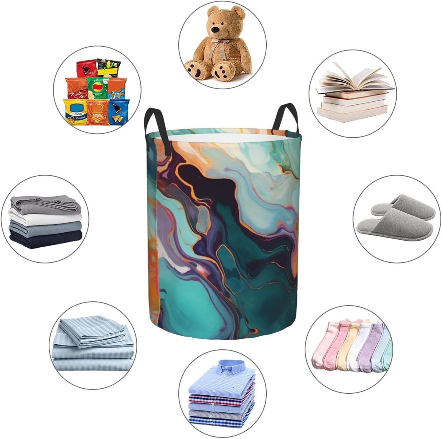 Colourful marble Laundry Basket With Handles, Foldable Laundry Hamper Oxford Cloth Dirty Clothes Basket Waterproof Clothes Toys Storage Bin Organizer for Bedroom Bathroom Dorm