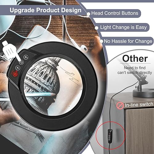 Miniatura 3 de Lupa 10X con luz, botón de actualización Krstlv 5 modos de color, regulable 2 en 1, lámpara de escritorio con luz LED 2 en 1, lupa manos libres con