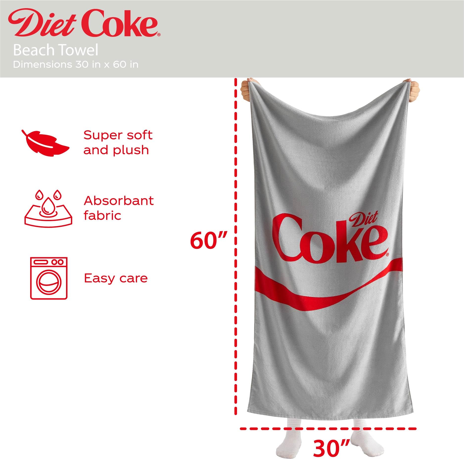 Diet Coke Logo Beach Towel,30"x60" Large Gray Bath Towel with Red Script Design, Soft Cotton Rich Pool & Beach Towel