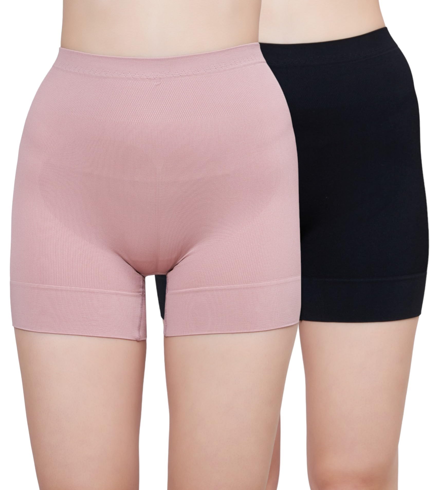 plumbury Seamless High Waist Tummy Control Shapewear Boyshort Panty, Size M -XXL, Peach/Black (Pack of 2)-picture-14