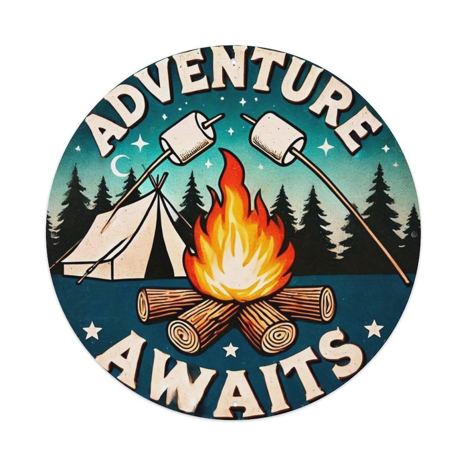Adventure Awaits Campfire Scene Retro Metal Sign Round Tin Sign, Vintage Decor Art Poster for Bar, Home, Man Cave, Kitchen, Laundry Room Gift 8x8Inch