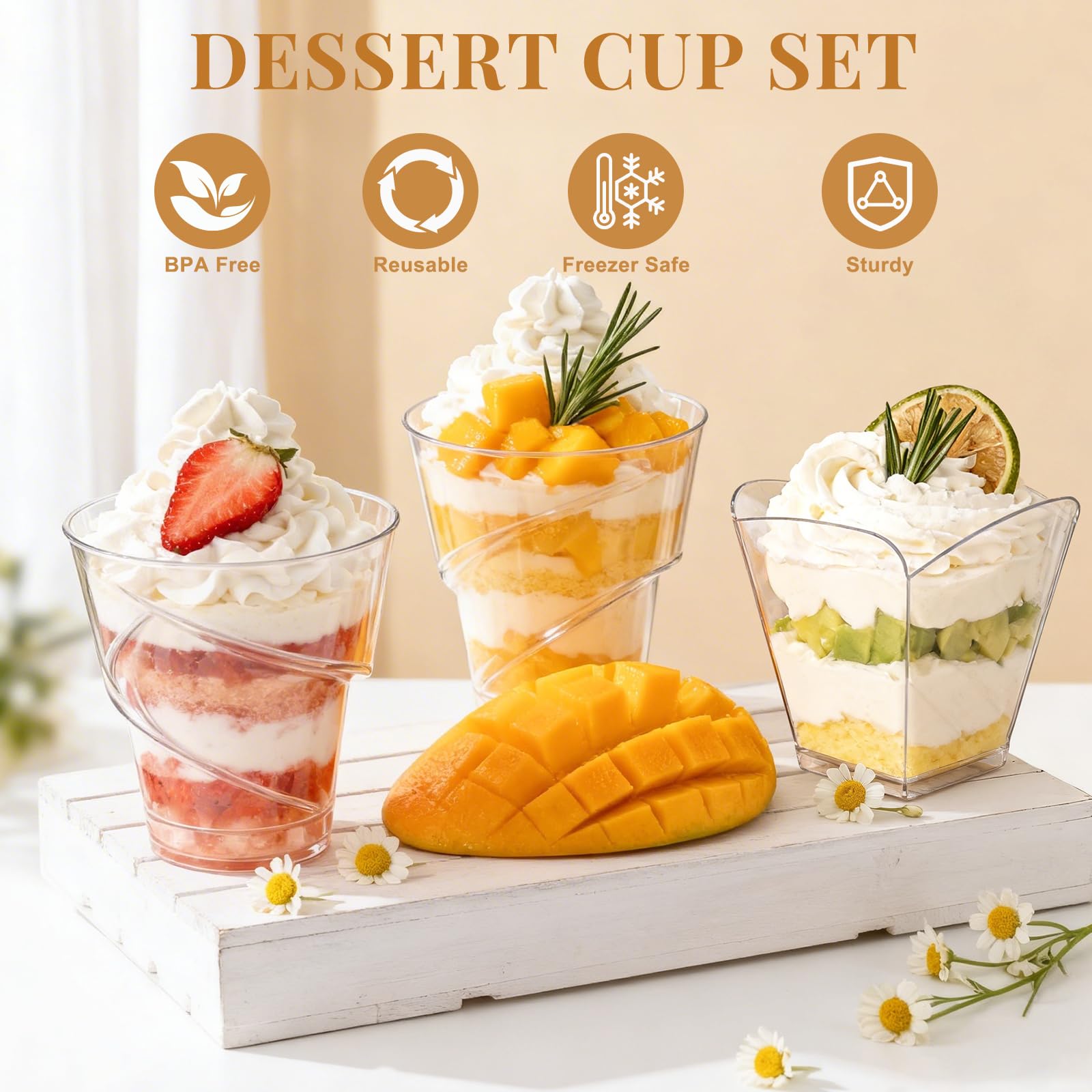 100 bicchieri da dessert in plastica, 160 ml, con cucchiaio, 2 diversi disegni, riutilizzabili, per gelati, mousse, budini, feste, compleanni, matrimoni