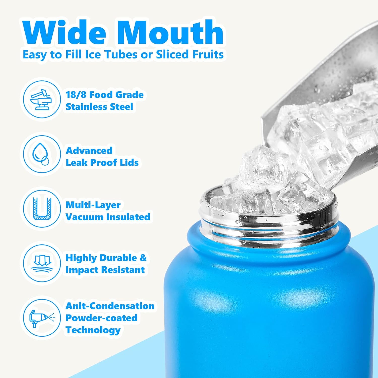 Insulated Water Bottle with Lid & Boot & Stickers, 32 oz Stainless Steel Sweat Free Bottle Keep Cold 24H, BPA-Free Sports Wide Mouth Water Bottle, BlueBlack - Image 5