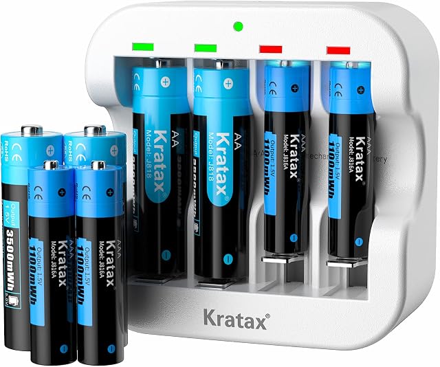 Rechargeable AA&AAA Lithium 1.5V Batteries - Full-Recharged 4x3500mWh AA & 4x1100mWh AAA,with 2H Ultra Fast Charger for Household Office Devices,Long-Lasting High-Capacity,1600 Cycles,Constant Output