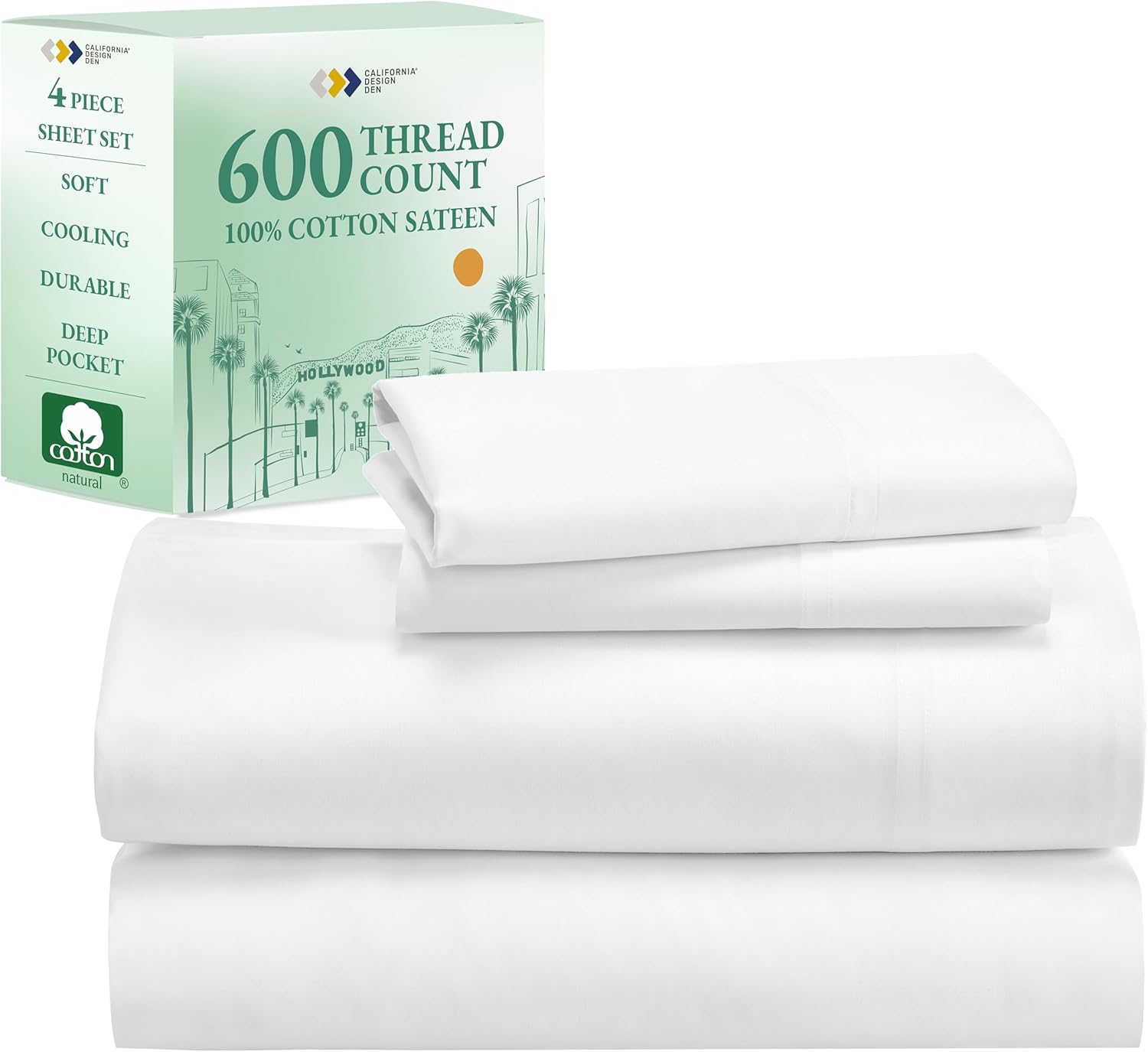 California Design Den 600 Thread Count 100% Cotton Sheets, Queen Size Sheet Set, Soft, Cooling, High Thread Count Sateen, 4-Pc Hotel-Quality Bedding with Deep Pocket Fitted & Flat Sheets - White