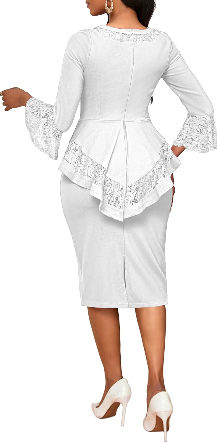 Elegant Dresses for Women Wear to Work Long Sleeve Cocktail Business Knee Length Pencil Lace Dress - Image 7