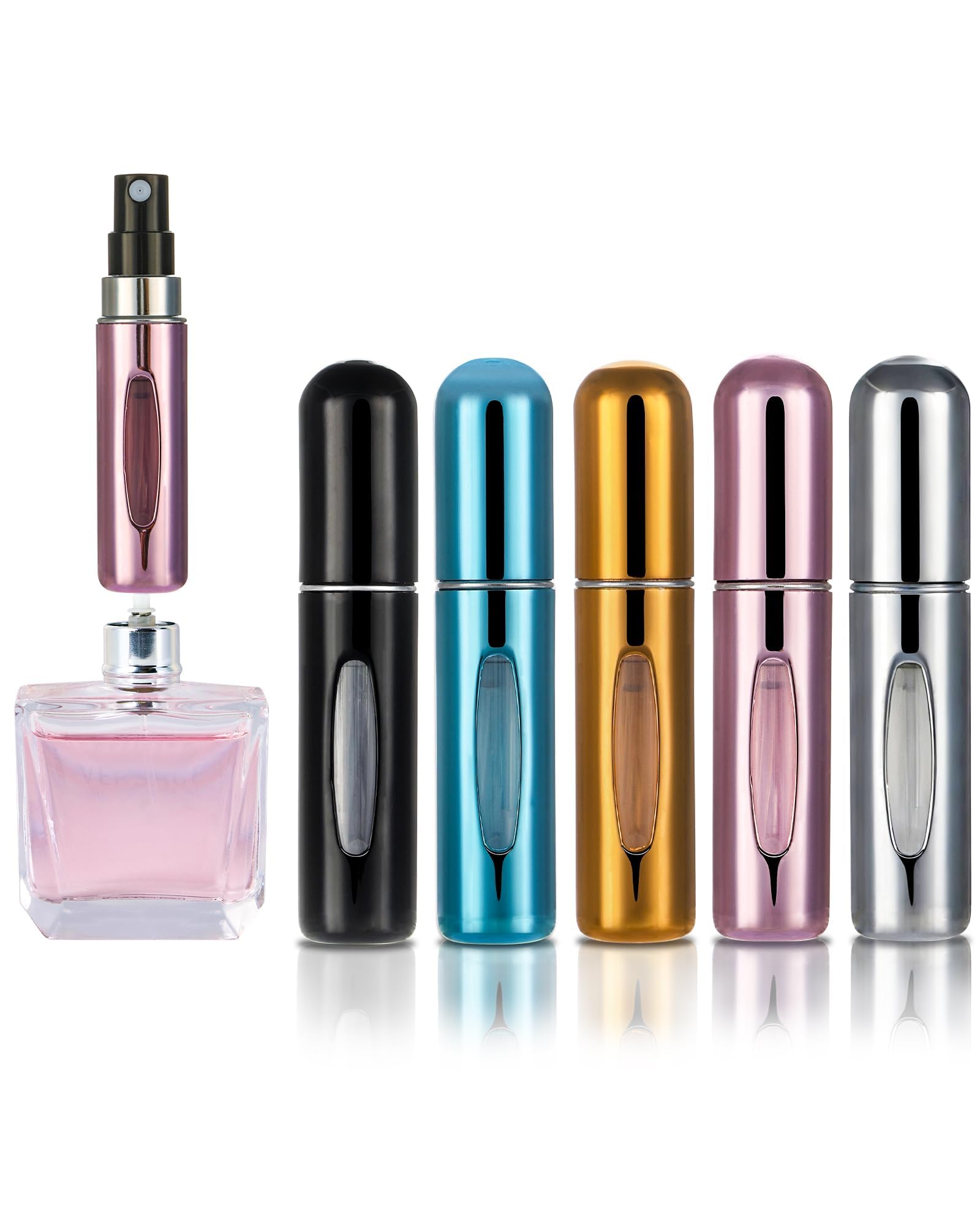 FitDA 5 Stück Parfümzerstäuber Nachfüllbar, 5ml Mini Portable Parfum Zerstäuber für Unterwegs mit Sichtfenster, Leicht & Kompakt Parfüm-Sprühflasche für Handtasche, Reisen und Alltag, Mehrfarbig