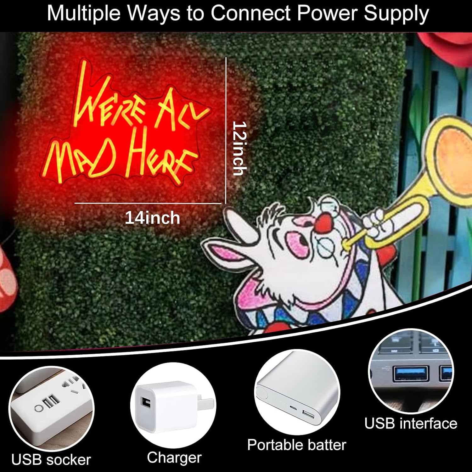We're All Mad Here Neon Signs/ 14 * 12 Inch/Alice In Wonderland Party Decor, Mad Hatter Tea Party Neon Lights with Diimer Switch for Bedroom Bar Home Dorm Birthday Gifts