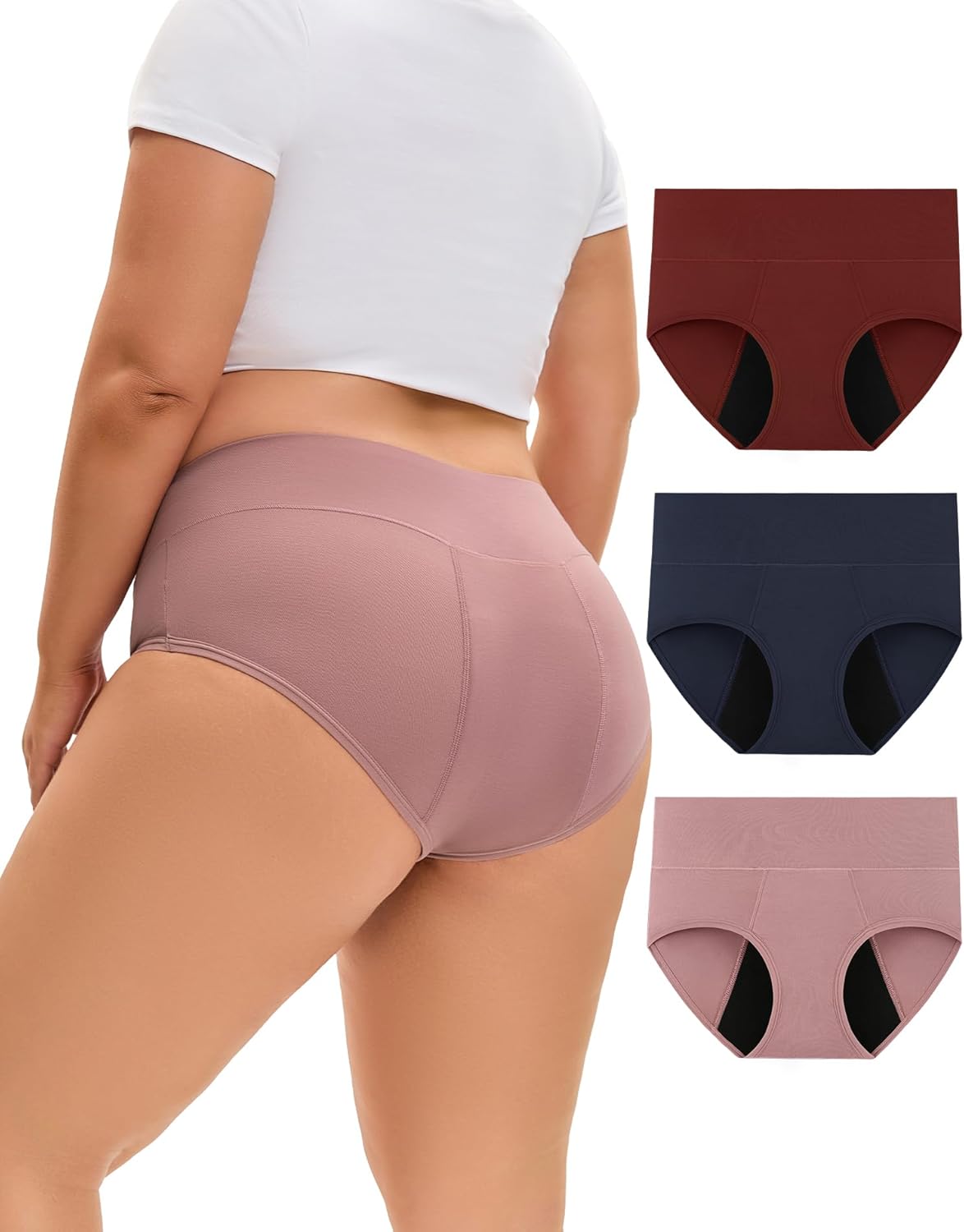 INNERSY Period Underwear for Women Plus Size Heavy Flow Leak-proof Menstrual High Waisted Absorbent Panties 3-Pack