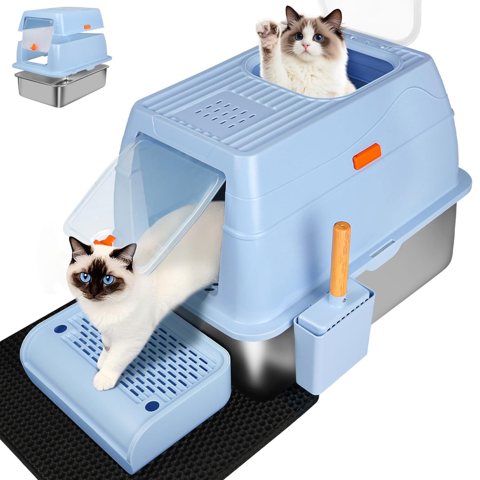 XL Stainless Steel Litter Box, Easy-Clean with Top Exit Design, Odor Control Litter Box with Fully Enclosed Design & Activated Charcoal Space, Trapping Box & Scoop Included (Blue)