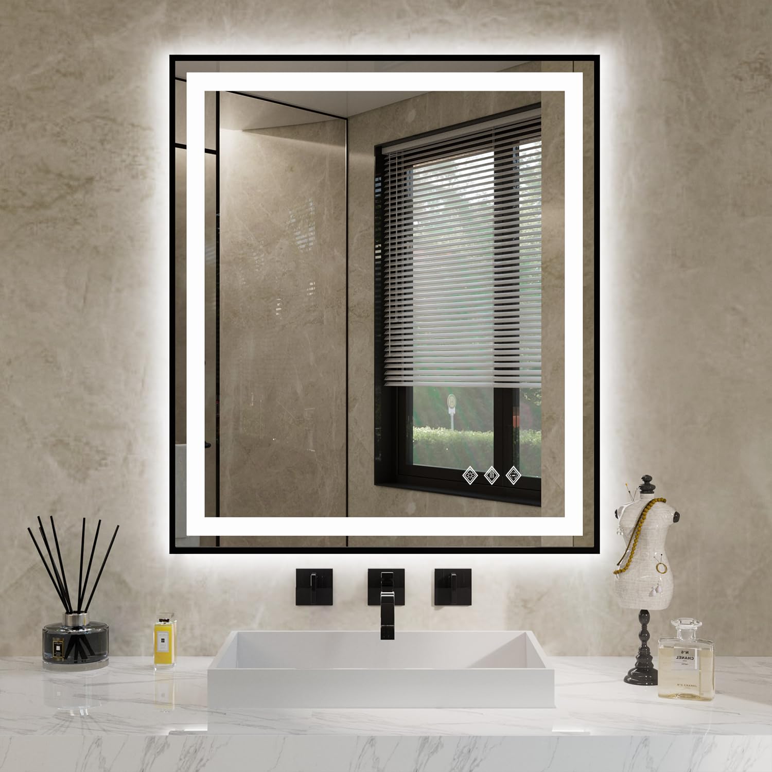 LED Bathroom Mirror, 28x32 Inch Black Framed Gradient Front and Backlit LED Vanity Mirror, 3 Colors Dimmable CRI>90, IP54 Enhanced Anti-Fog Wall Mounted Lighted Bathroom Mirror