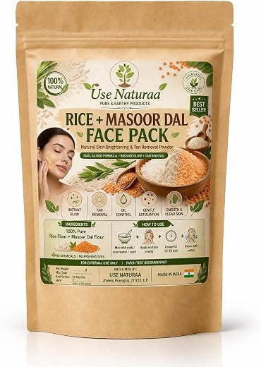 Use Naturaa Rice + Masoor Dal Face Pack Powder, Natural Skin Brightening, Tan Removal, Oil Control, Gentle Exfoliation, 100g