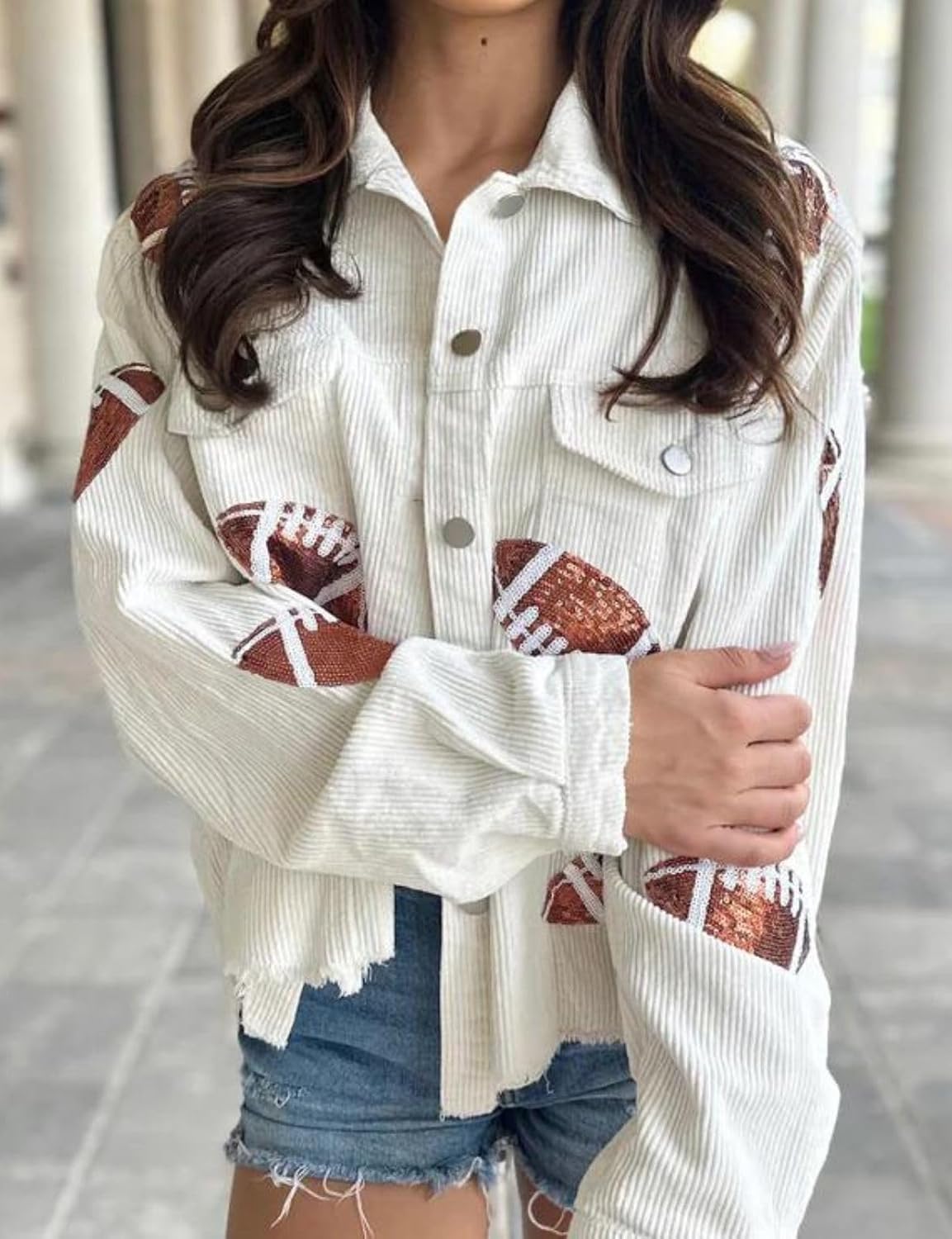 happlan Football Sequin Embroidery Rugby Cropped Frayed Hem Vintage Washed Corduroy Jacket Coat Shacket for Women - Image 2