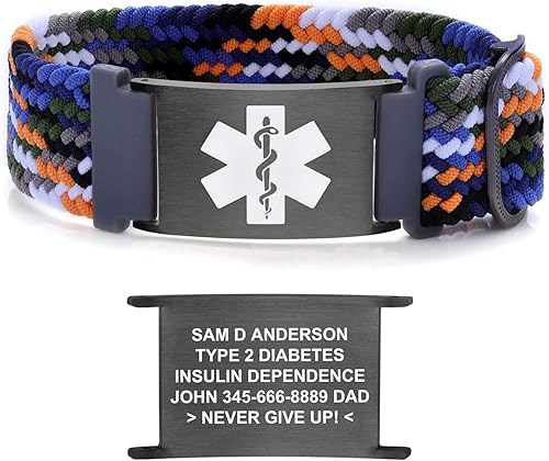 Miniatura 19 de Pulseras de alerta médica para mujeres, hombres, niñas, niños, pulsera de identificación médica personalizada con pulsera elástica trenzada