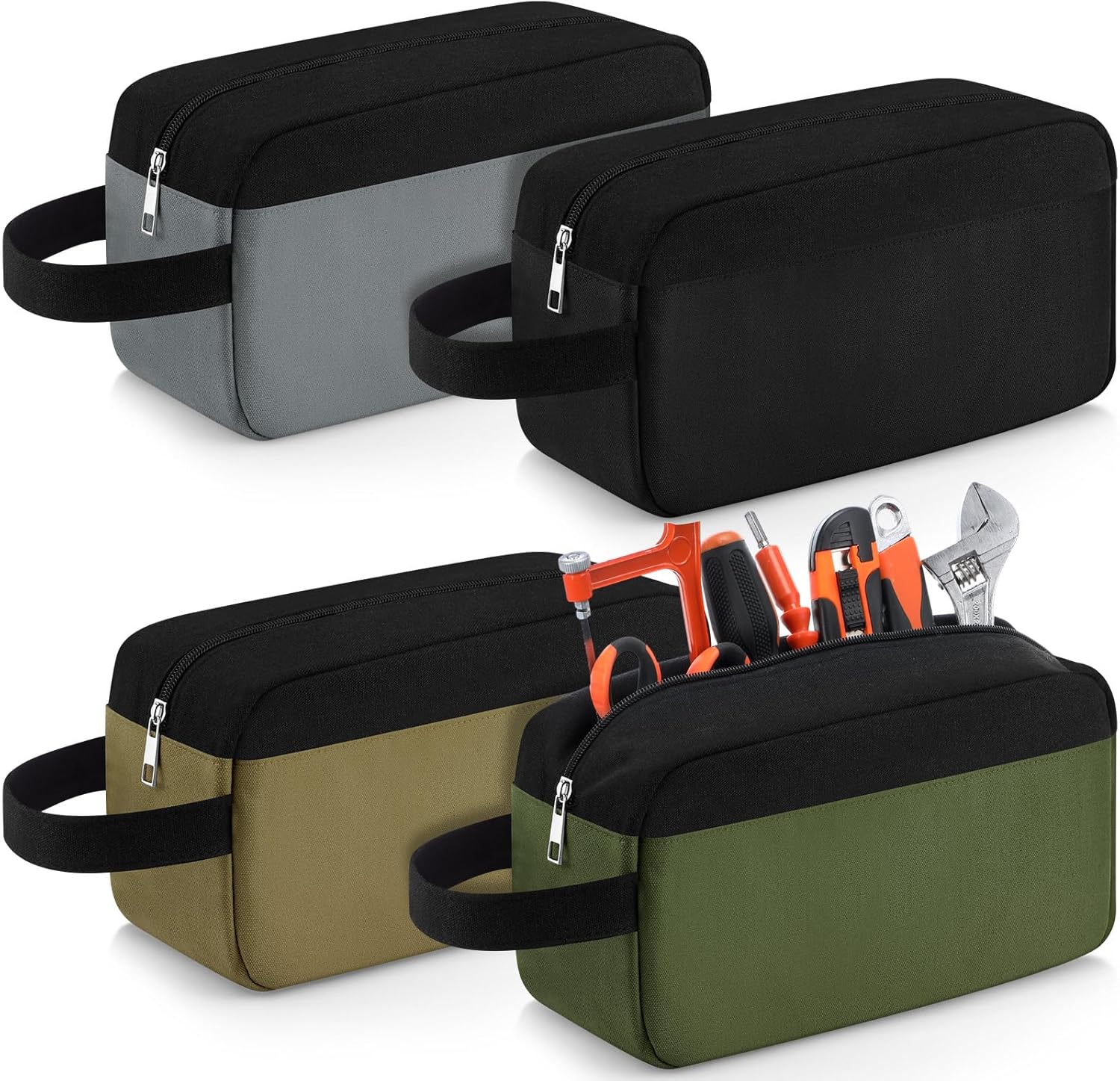 Eccliy 4 Pack Tool Bags Pouch Canvas Zipper Utility Tote Bag 12 Inch Small Tool Bags Dual Compartments Toolboxes for Men Electrician Mechanic Tools Storage(Black, Khaki, Army Green, Gray)