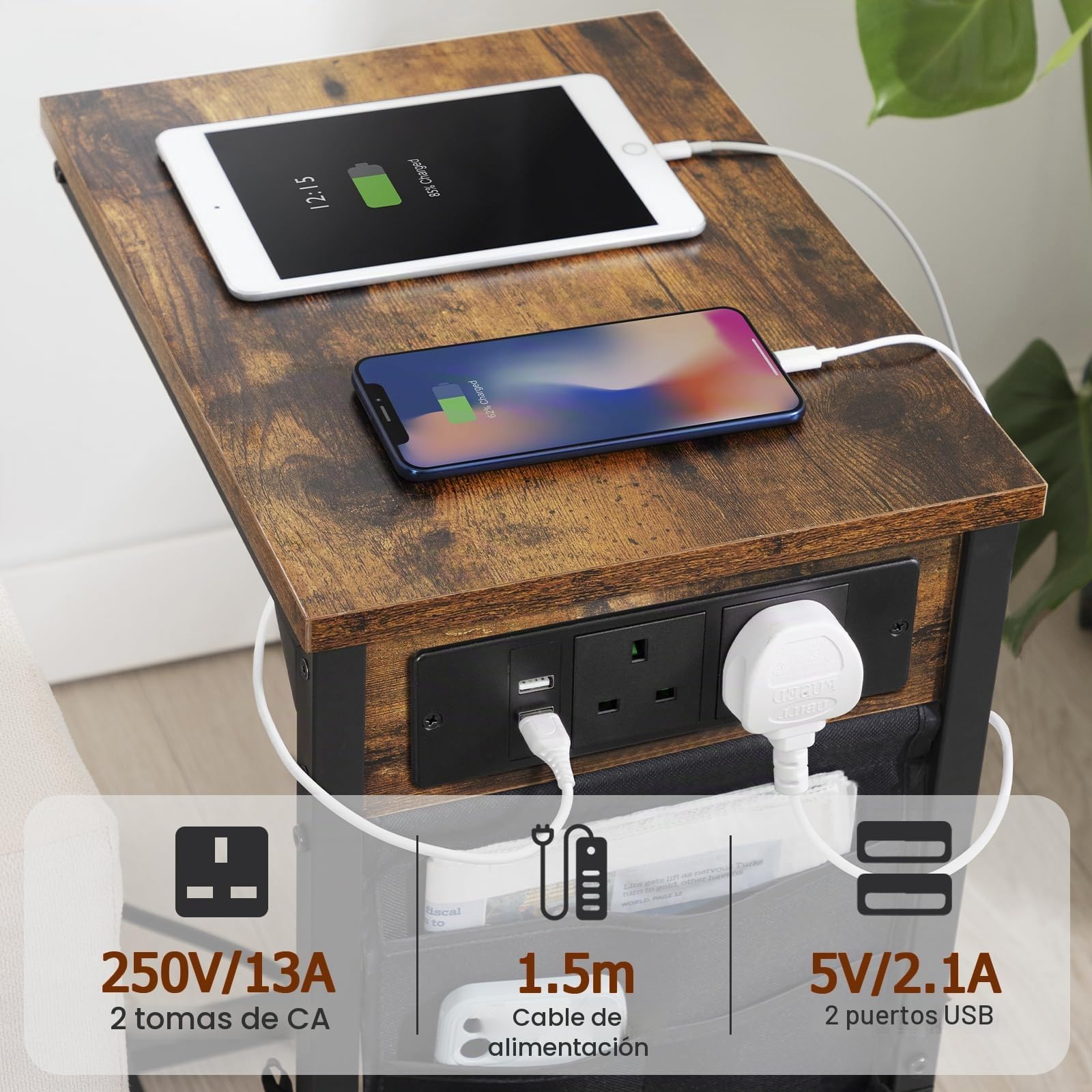 AMHANCIBLE Mesa auxiliar en forma de C, mesita de noche con estación de carga, 2 salidas USB y CA, mesa auxiliar con bolsa de almacenamiento de tela, mesa de sofá para espacios pequeños, mesa de café