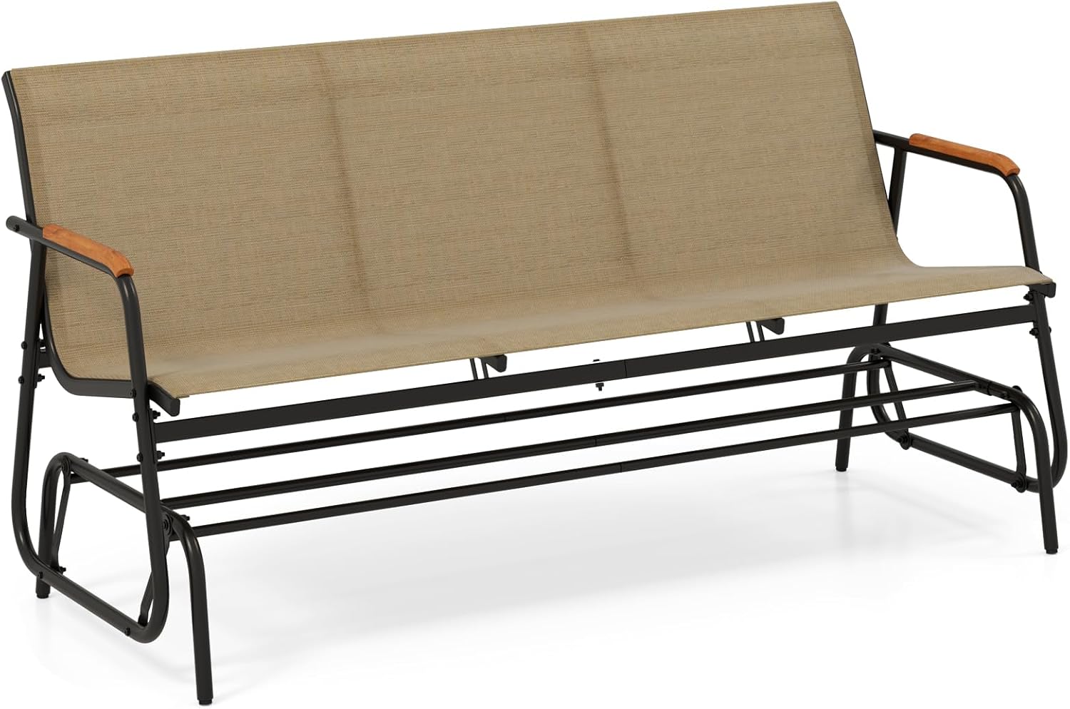 Giantex Patio Glider, 3-Person Swing Gliding Loveseat with Curved Teak Armrests, Fabric Seat, Metal Frame, Load 990lbs, Outdoor Rocking Chair for Porch, Yard, Poolside (29”x66.5”x33”)