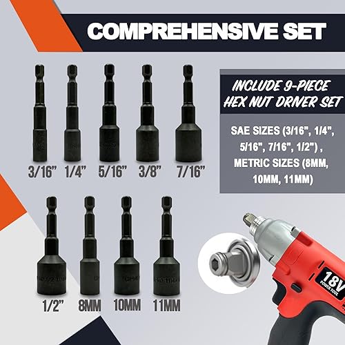 Miniatura 2 de Juego de 9 destornilladores y tuercas antideslizantes para taladro de impacto Juego de brocas de cabeza hexagonal de 14 pulgadas (SAE 316", 14",