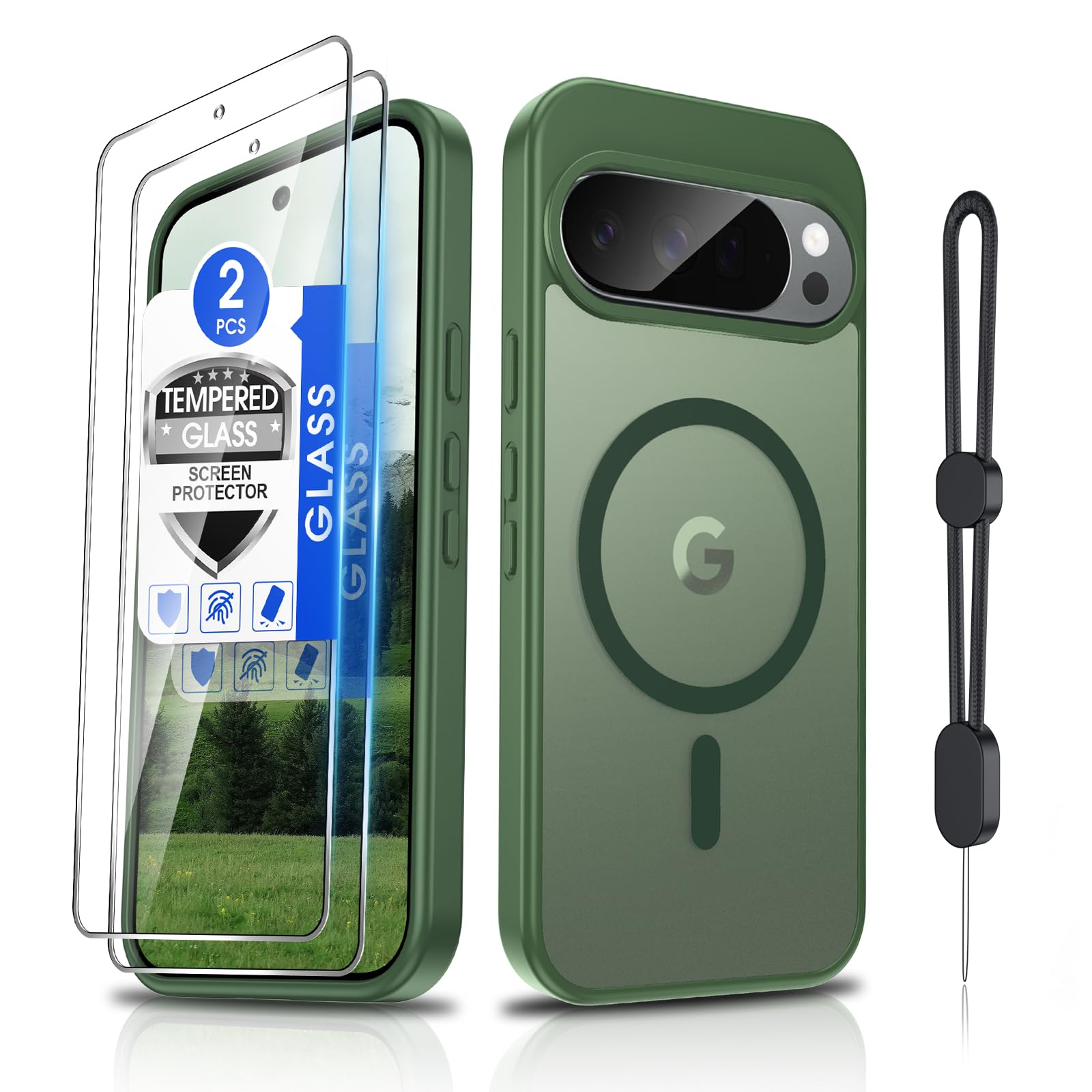 Dizn Magnetic for Google Pixel 10/Pixel 10 Pro Case,[Not Fit Pixel 10 Pro XL],with 2Pcs Tempered Glass Screen Protector,Strap,Fit for MagSafe,Military-Grade Shockproof Protective 10/10Pro,Green