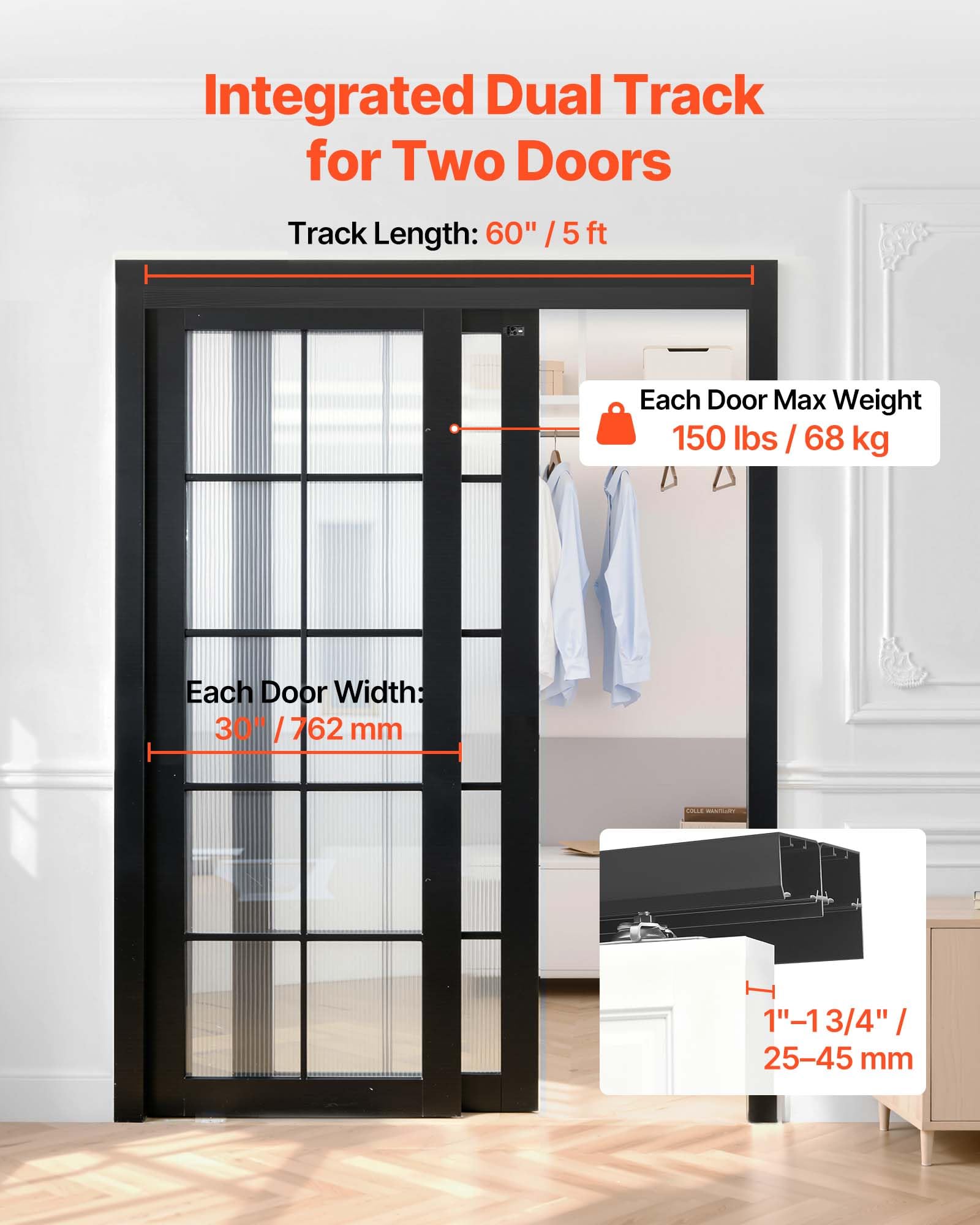 VEVOR Kit de Quincaillerie pour Porte Coulissante Parallèle, Système Coulissant pour Porte de Placard Double Rails 152,4 cm en Alliage d'Aluminium, pour Vantail Épaisseur 2,5-4,5 cm Largeur 76.2 cm