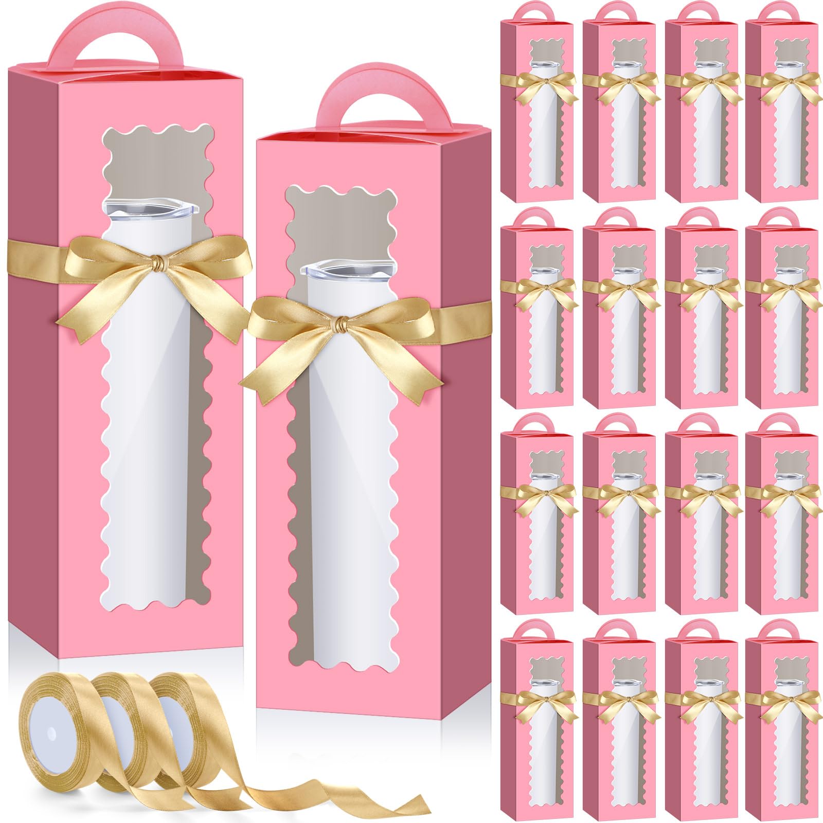 Windyun 100 Pcs Tumbler Gift Boxes Bulk with 3 Ribbons, Window Handle for 12oz 16oz 20oz 30oz Clear Wine Glass Jar Gift Box Christmas Packaging Present Wrapping Shipping 11 x 3.4 x 3.4''(Pink) โ image 1