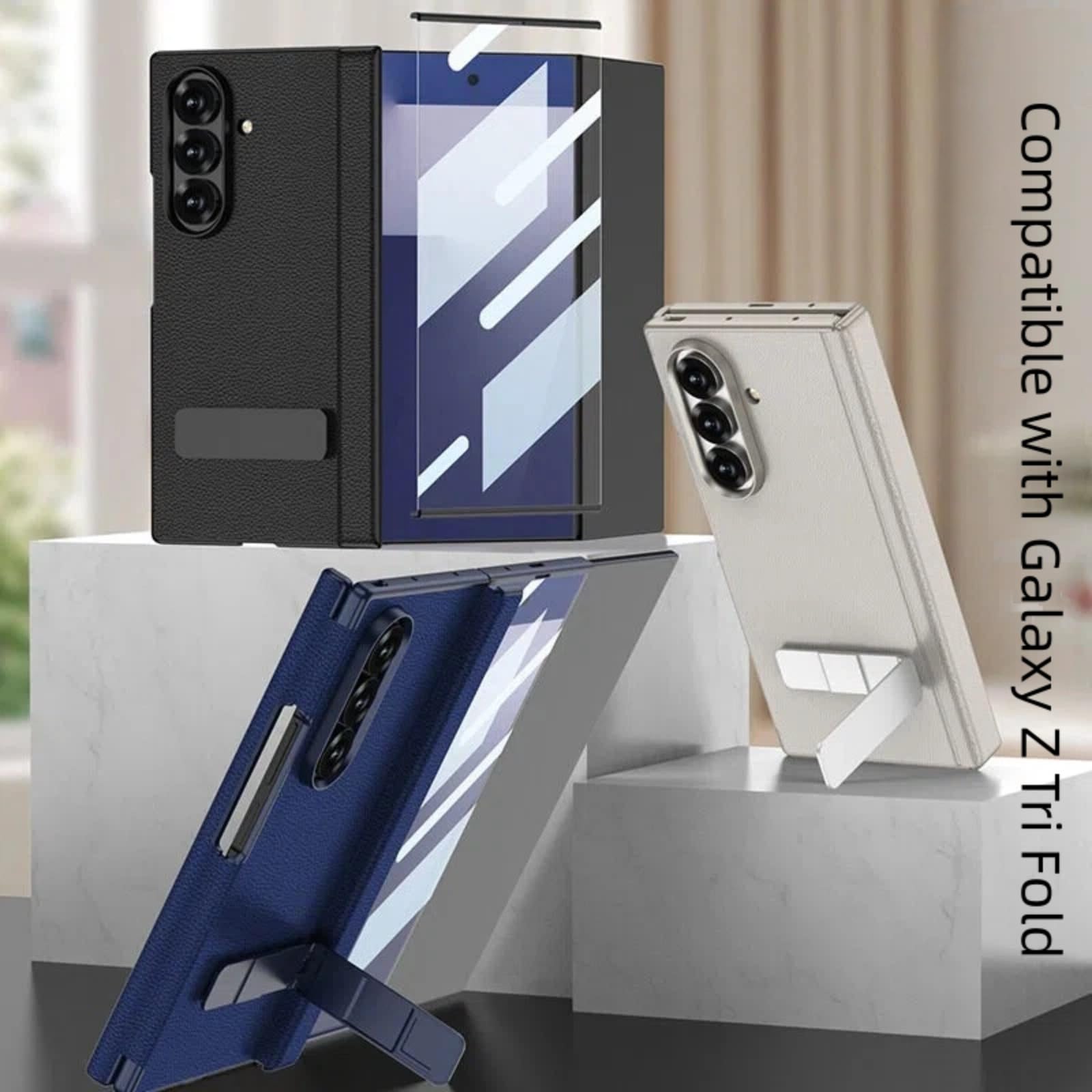 Lekkie Etui Do Samsung Galaxy Z Trifold, Wbudowana Osłona Ekranu I Obrotowa Podstawka 270°, Skórzana Powierzchnia, Pełna Ochrona, Osłona Zawiasu (czarny)