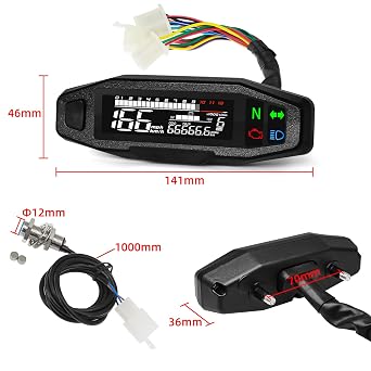 Universal Motorcycle Speedometer & Tachometer Gauge Cluster, 9-16V Digital LCD Display with Odometer, 6 Gear Indicator, 12000 RPM, MPH/KMH for Small Engine Motorcycles