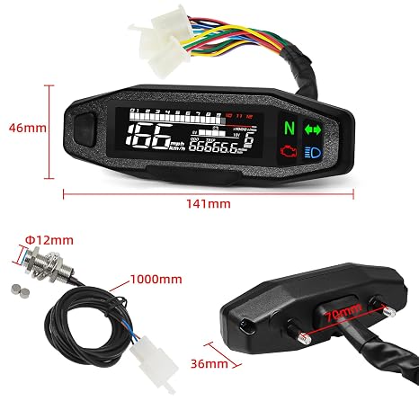 Universal Motorcycle Speedometer & Tachometer Gauge Cluster, 9-16V Digital LCD Display with Odometer, 6 Gear Indicator, 12000 RPM, MPH/KMH for Small Engine Motorcycles
