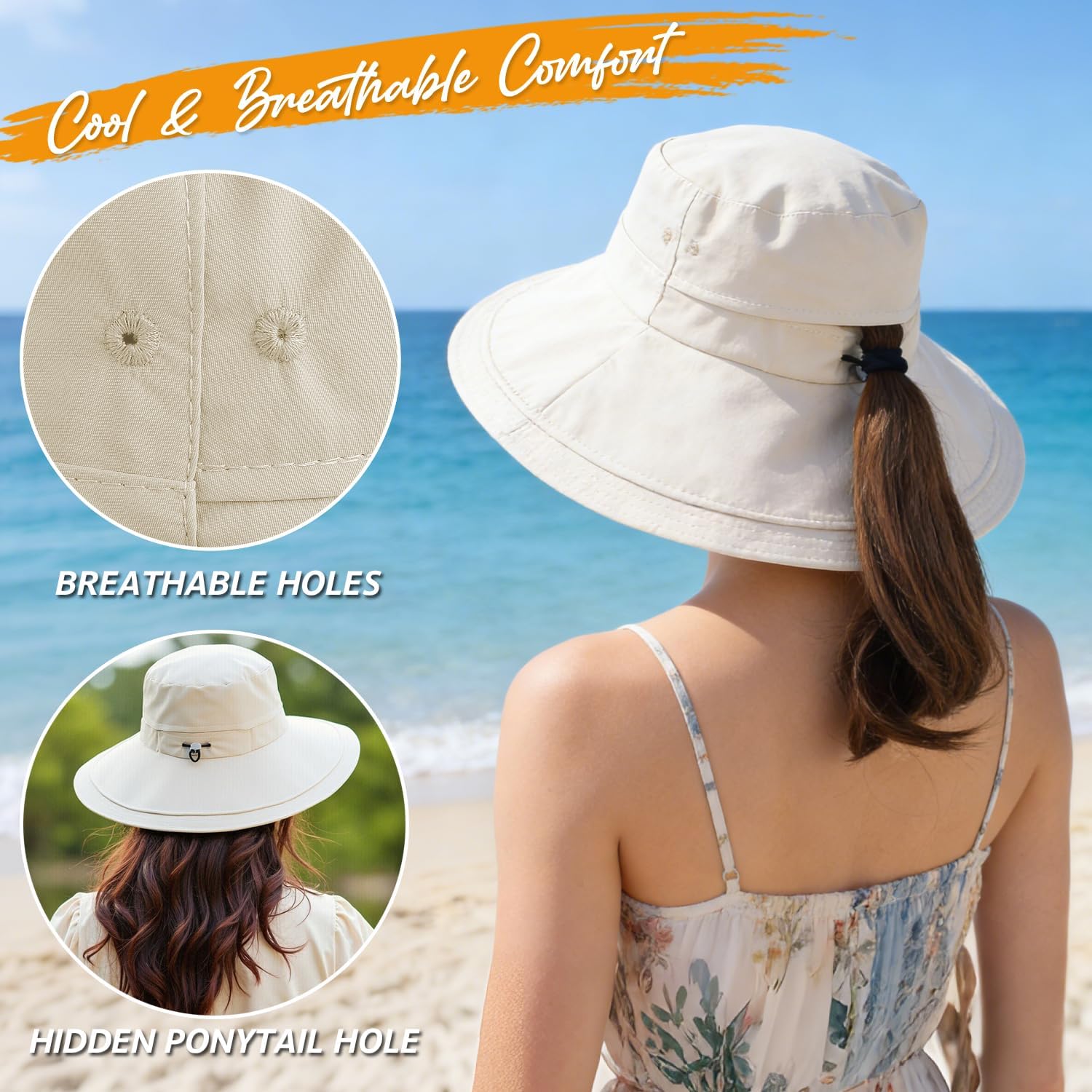 Women's UPF 50+ Waterproof Wide Brim Sun Bucket Hat with Ponytail Hole | Adjustable Fit & Shapable Brim, Chin Strap & Sweatband, Packable & Lightweight for Beach Hiking Fishing Gardening