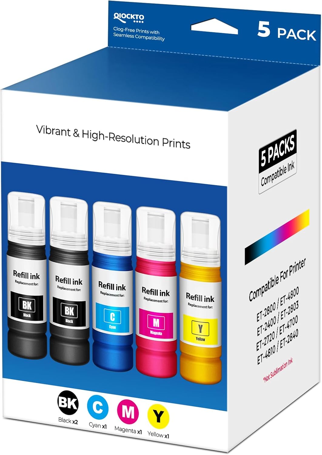 Compatible for EPT522 Ink Refill Bottles Replacement for ET-2800 ET-2400 ET-4800 ET-2803 EPT522 Ink Refill for Eco tank ET2800 ET2400 ET4800 ET2803 ET-2720 ET-4700 ET-4810 ET-2840 Printer, 5 Pack