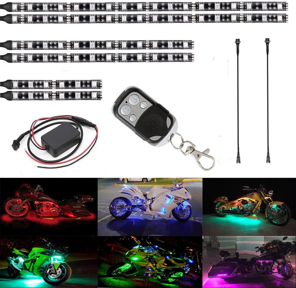 Motorcycle LED Light Kit Strips, Atmosphere LED Lighting Strip, RGB Multicolor Accent Glow Neon Lights Lamp with Remote for Harley Honda Kawasaki Suzuki Ducati BMW Davidso (6PCS)