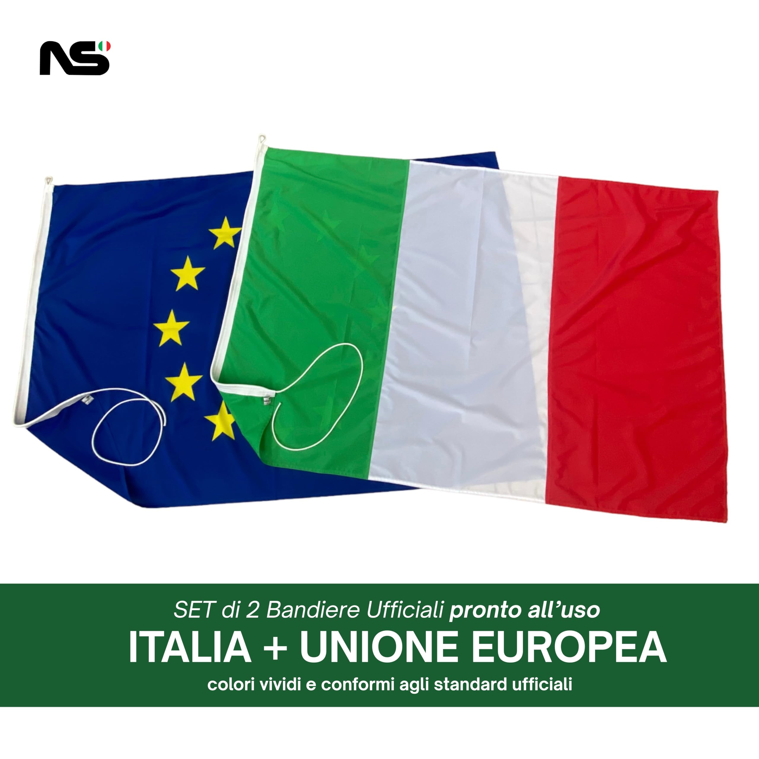 NS Bandiere | Set 2 Bandiere Italia-Europa cm 150x225 in Tessuto Poliestere Nautico 130gr con Corda