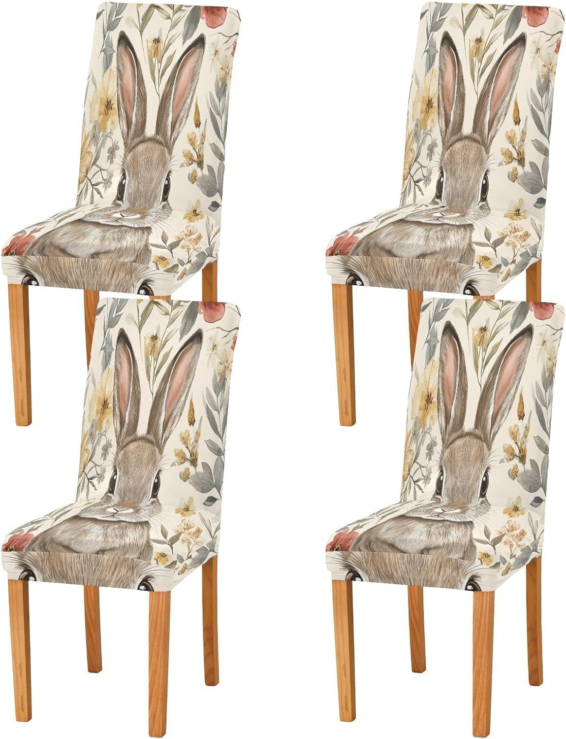 ALAZA Chair Covers for Dining Room, Happy Easter Easter Bunny Floral Hand Painted Stretch Chair Cover Sets Chair Protector Removable Washable for Ktichen Restaurant Hotel