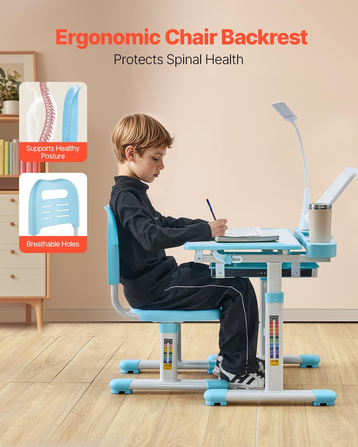 VEVOR Kids Study Chair and Desk Set, Study Desk and Chair for Kids with Table Lamp, Adjustable Height & 0-40 Tilted Desktop, Blue