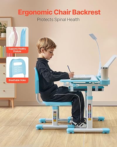 Miniatura 4 de VEVOR Juego de silla y escritorio de estudio para niños, escritorio de estudio y silla para niños con lámpara de mesa, altura ajustable y escritorio
