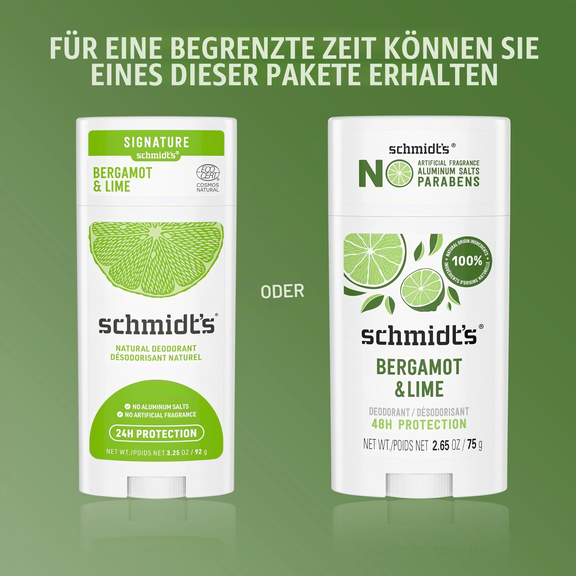 Schmidt's Aluminum Free Natural Deodorant For Women and Men, Bergamot & Lime with 24 Hour Odor Protection, Certified Cruelty Free, Vegan Deodorant, 2.65oz 4-pk