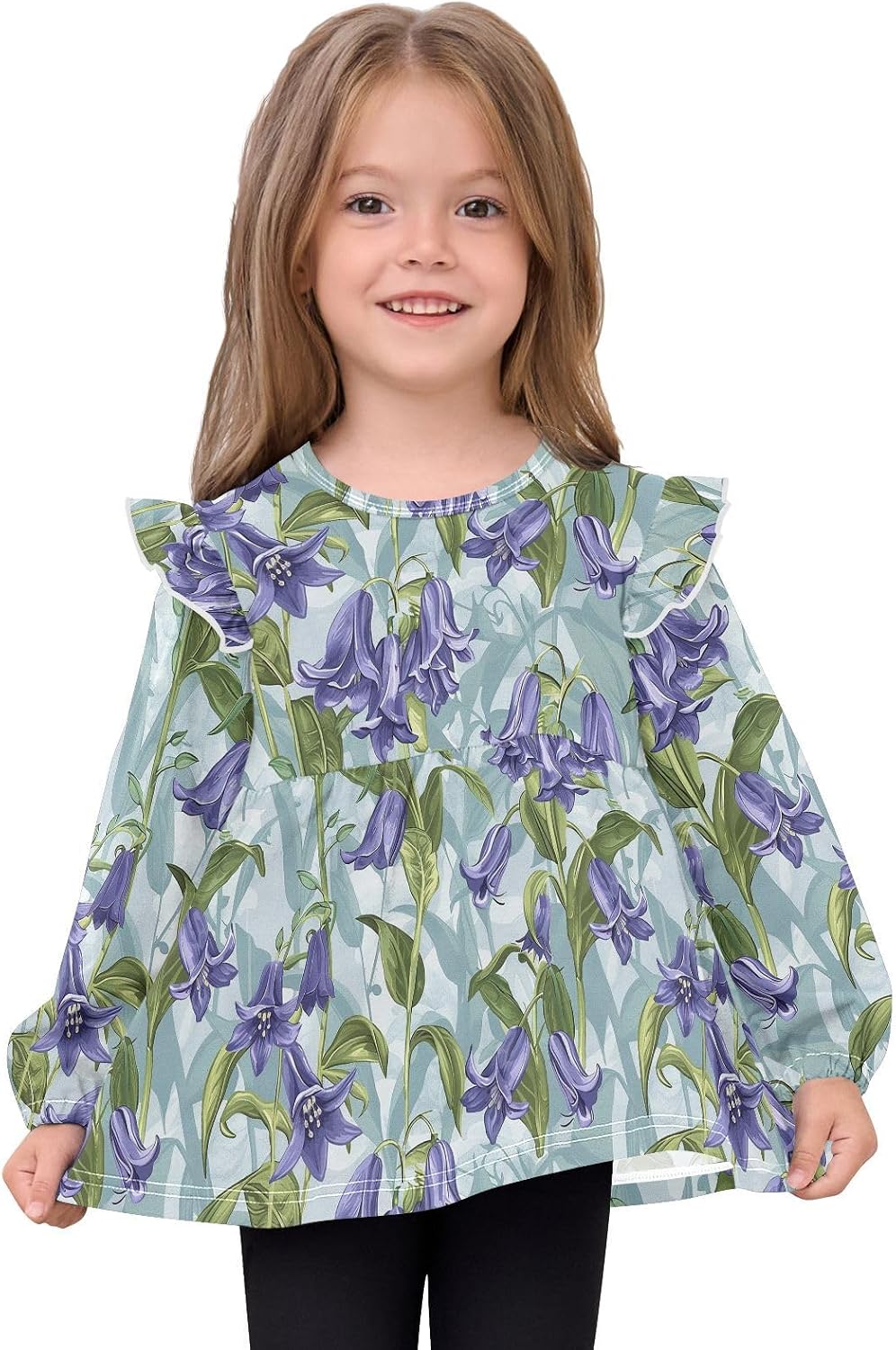 visesunny Toddler Clothes for Girls Vintage Bluebell Flower Long Sleeve Fall Shirts Cotton Top with Ruffle Collar